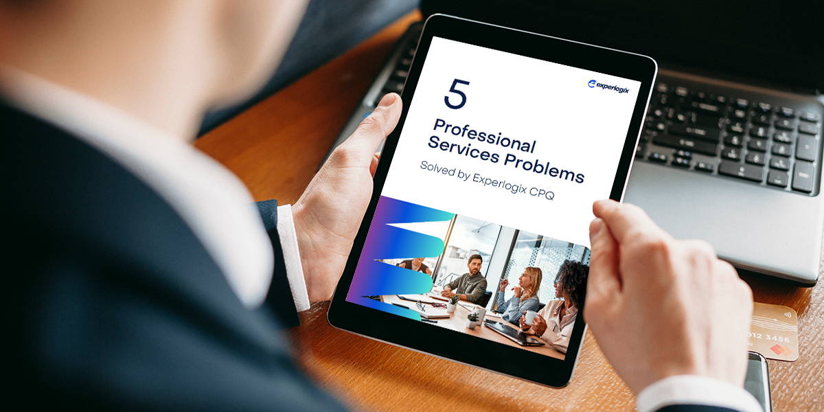 A professional business person sitting at a desk and looking at an eBook on a tablet. The eBook says, "5 Professional Services Problems Solved by Experlogix CPQ".