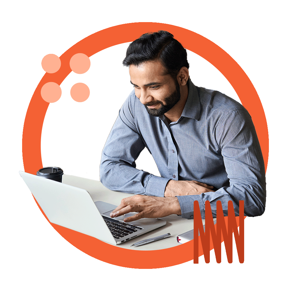 Experlogix Digital Commerce customer portal for CPQ. An Indian office worker man on a laptop device.
