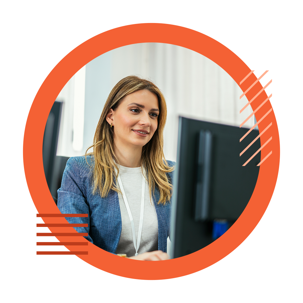 Experlogix CPQ Dealer Portal page, shows an office woman working at a desktop monitor.