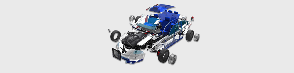 A gray background image showing the inside parts of a blue car.