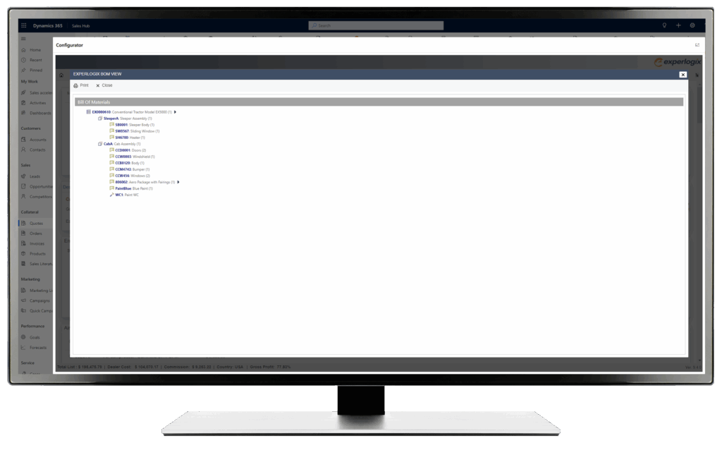 A desktop monitor with a screenshot of the BOM and routings within the Experlogix CPQ (Configure, Price, Quote) product line.