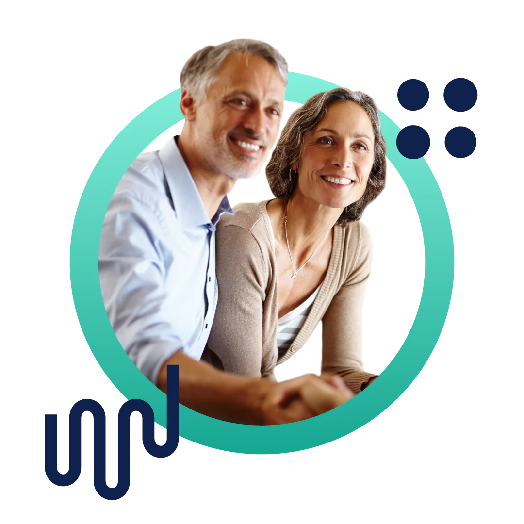 An image showing a happy, middle-aged couple inside a bright green circle representing the color of Experlogix Document Automation.
