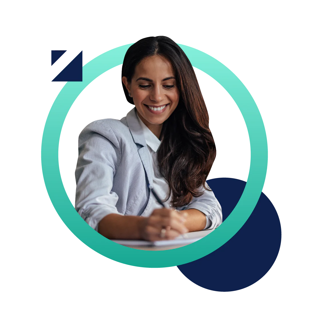 An image showing a smiling business woman writing on her desk inside a bright green circle representing the color of Experlogix Document Automation.