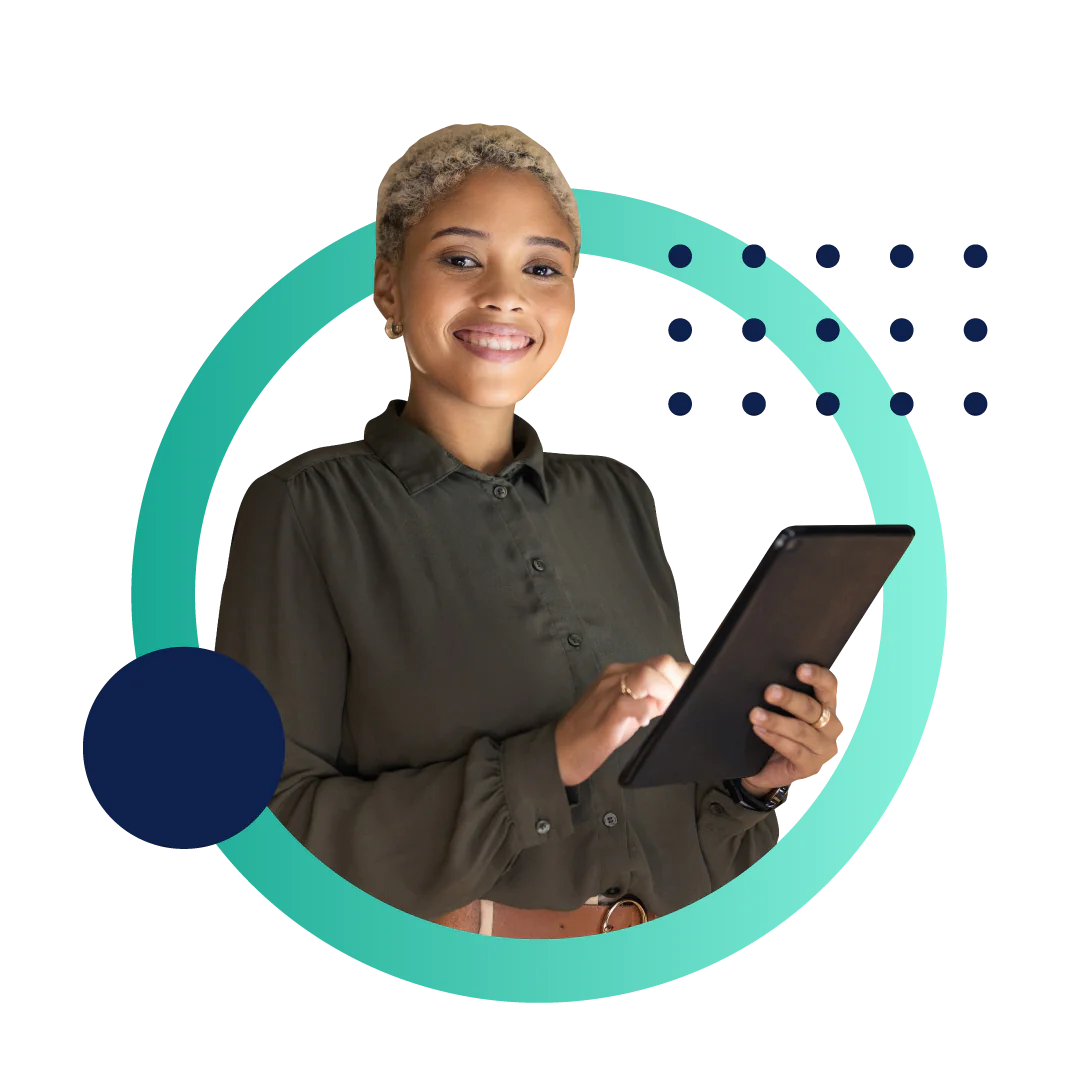 A woman smiling and holding a tablet while using Experlogix Document Automation API integration.