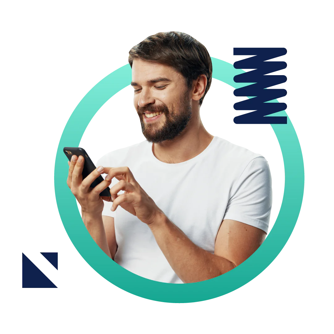 A man smiling and holding a phone while using Experlogix Document Automation API integration.