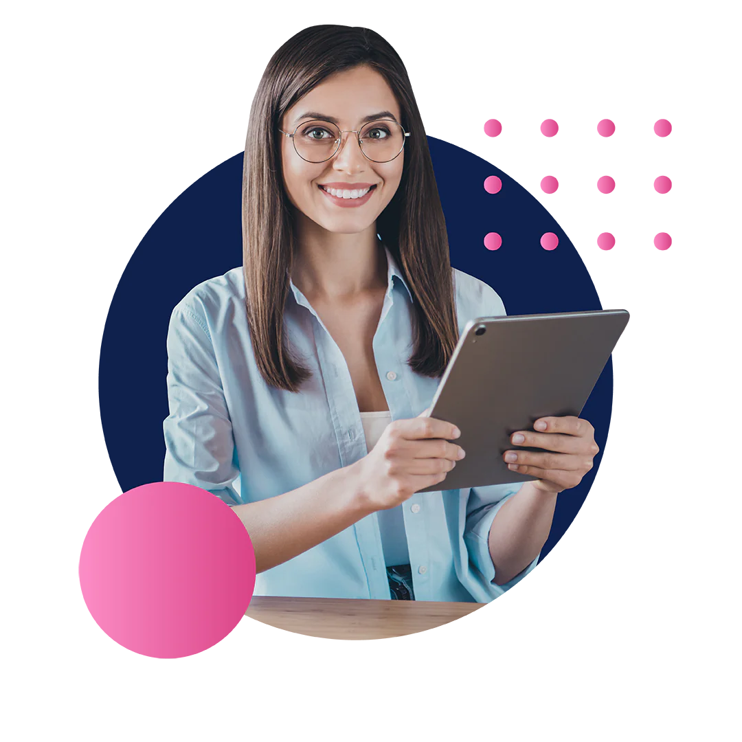 A woman smiling and holding an iPad tablet conveying Experlogix Digital Commerce product.