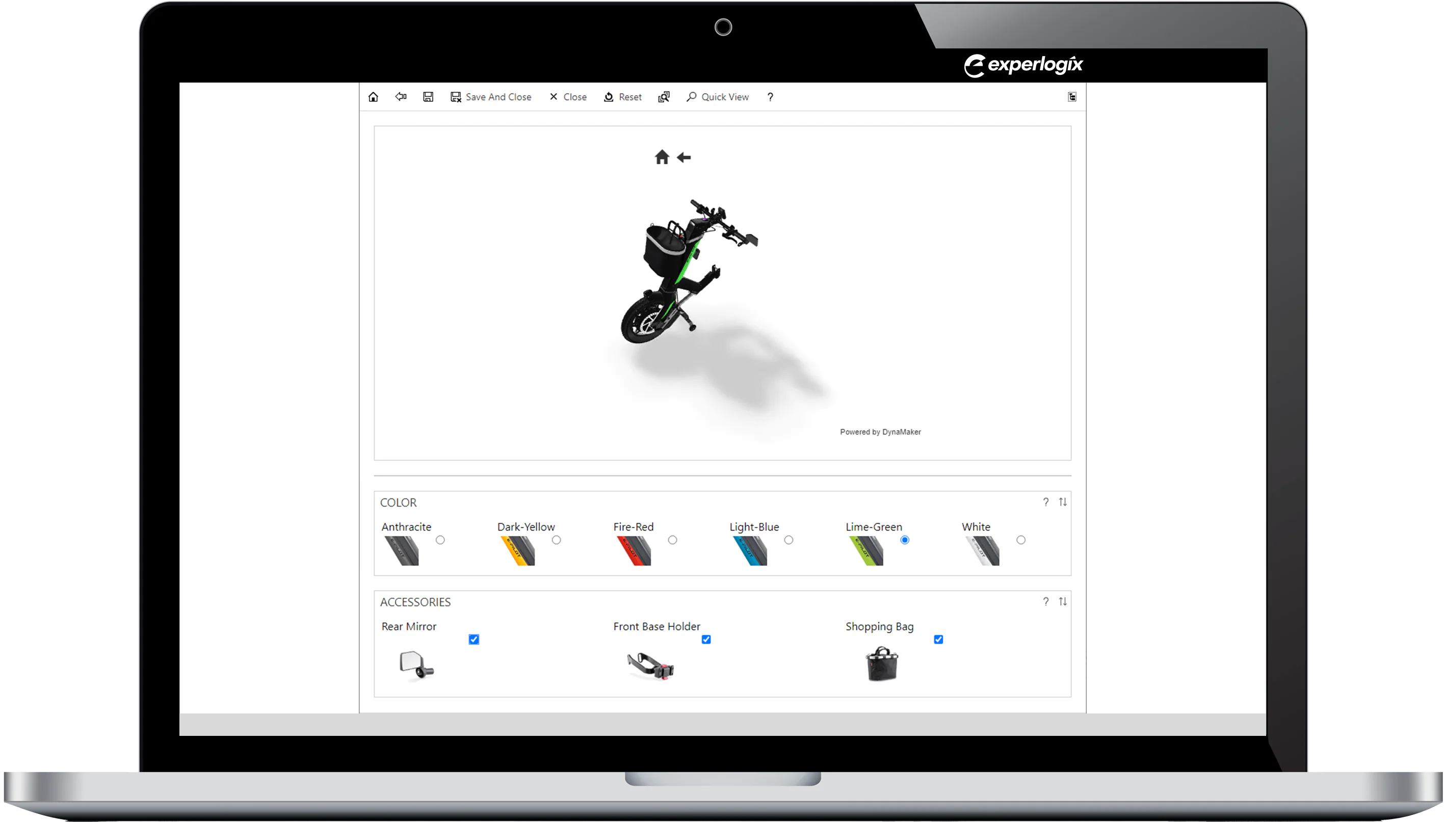 Experlogix 2D and 3D screenshot in a laptop showing a bike with different color choice options.