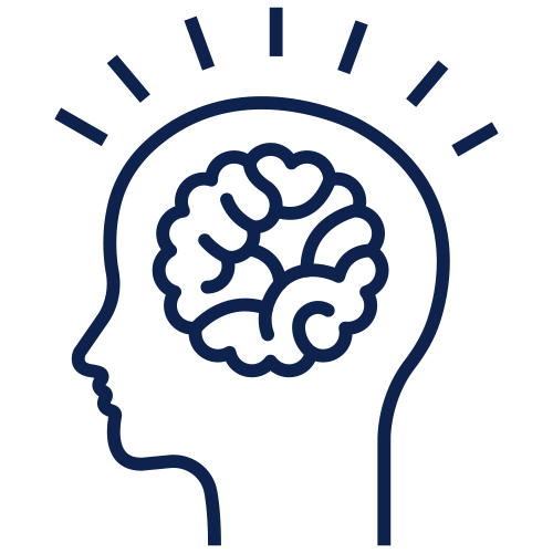 A navy blue icon of the outline of a human head with an illuminated brain, indicating intelligence or AI.