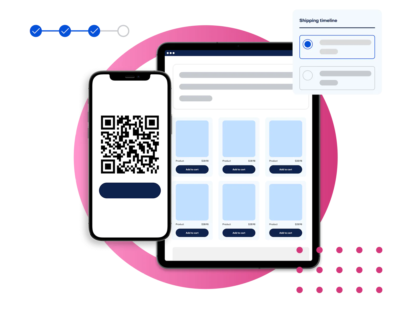 Experlogix Digital Commerce product illustration. The image shows a mobile phone with a QR code and a tablet with a product listing page.