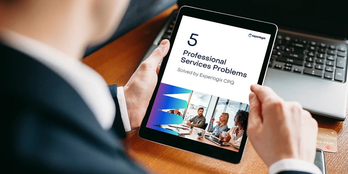 A professional business person sitting at a desk and looking at an eBook on a tablet. The eBook says, "5 Professional Services Problems Solved by Experlogix CPQ".