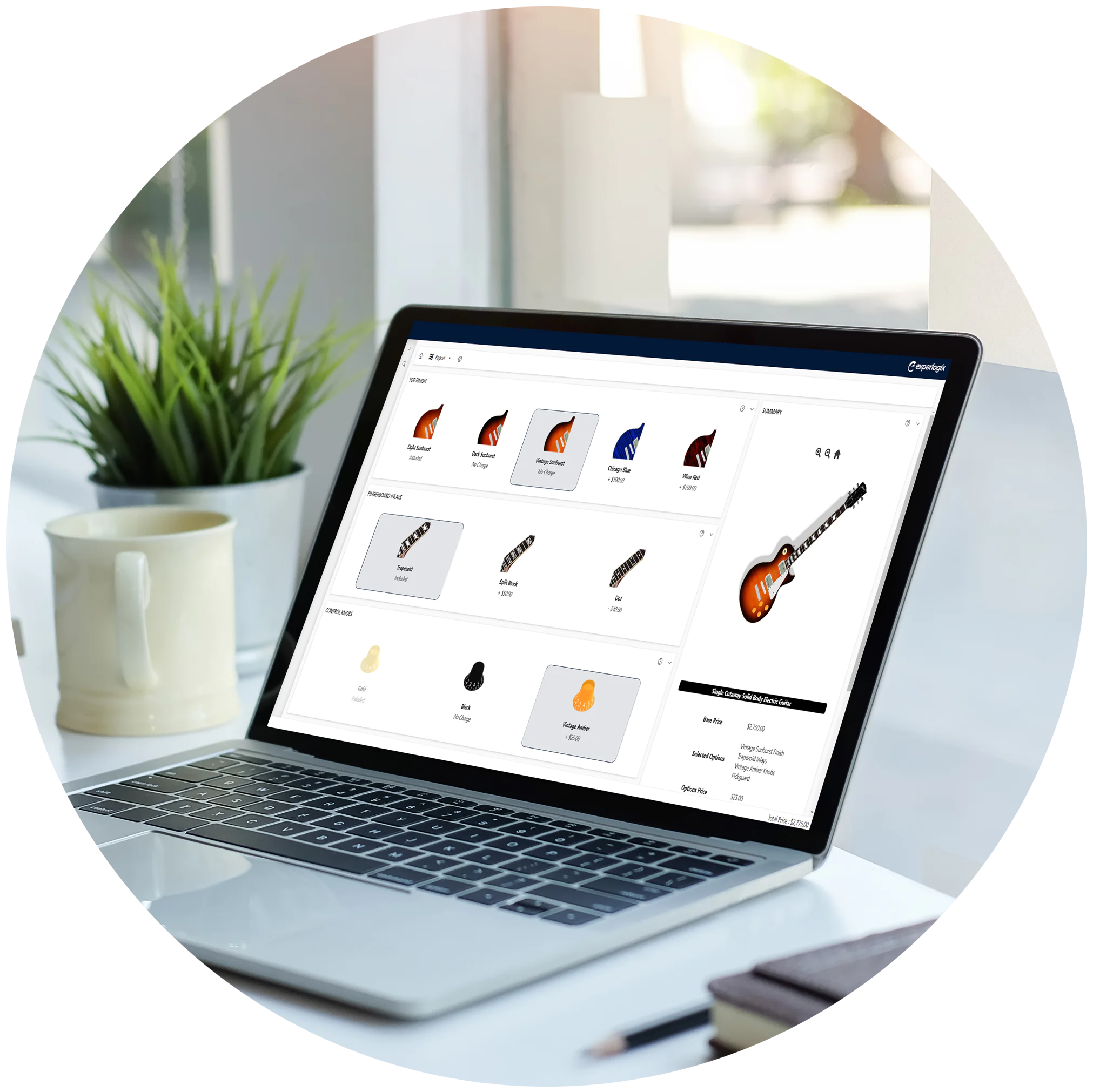 Experlogix CPQ screenshot with a product configurator and guitars on a laptop screen.