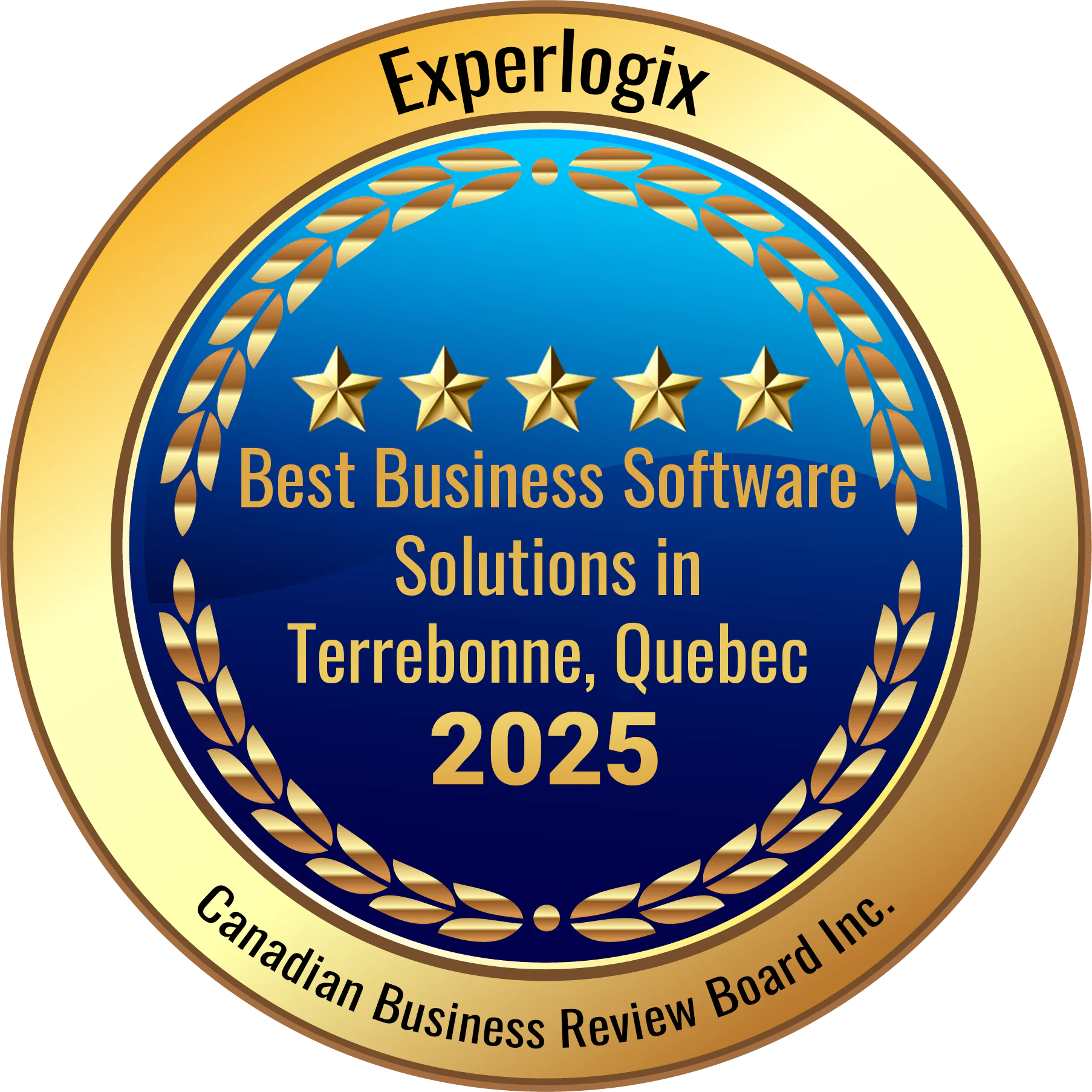 Canadian Business Review Board Inc medal badge stating that Experlogix in Terrebonne, Quebec won the "Best Business Software Solutions" award in 2025.