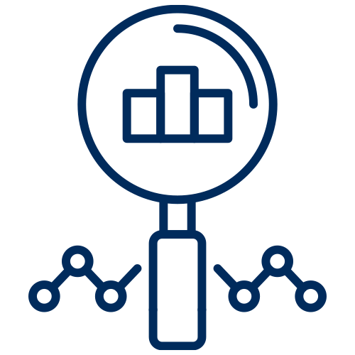 Magnifying glass with a bar graph indicating viewing data icon