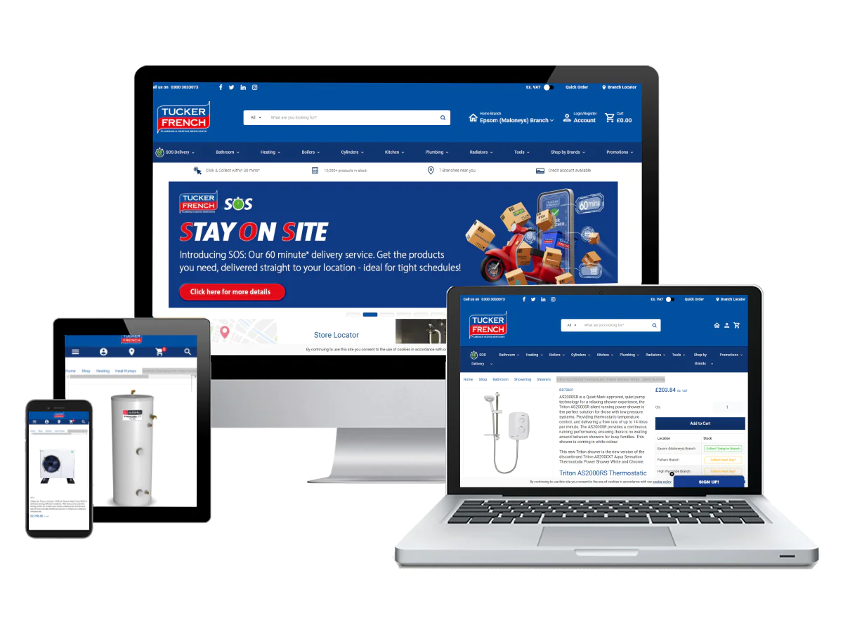 Experlogix Digital Commerce shown being used by company Tucker French in a variety of devices.