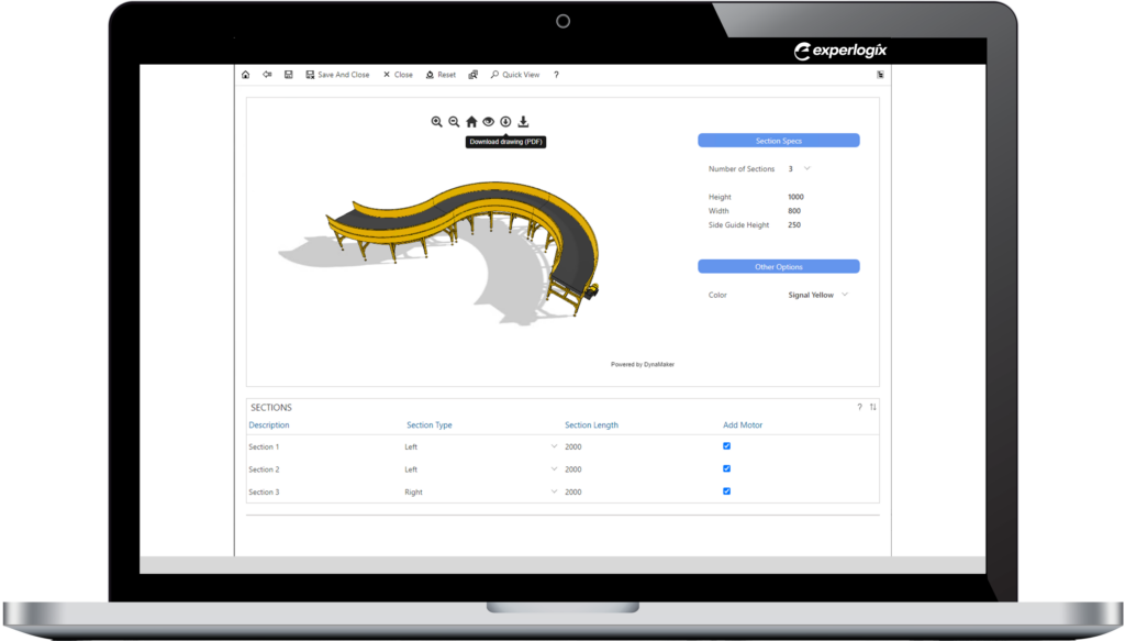 Screenshot of Experlogix CPQ software configuring a yellow conveyor belt using 2D and 3D Visualization on a laptop