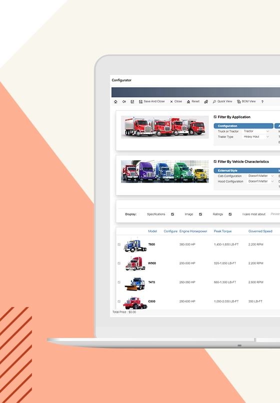 Screenshot of Experlogix CPQ software configurator, as it empowers sales teams to sell trucks