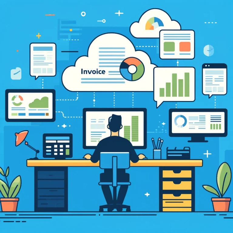 Illustration of a professional at a desk with multiple computer screens displaying graphs, cloud services, and an invoice, highlighting the efficiencies of invoice automation software